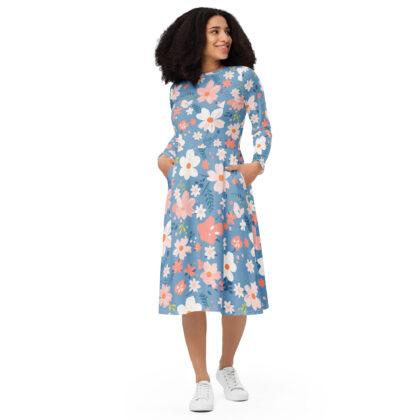 All-over print long sleeve midi dress